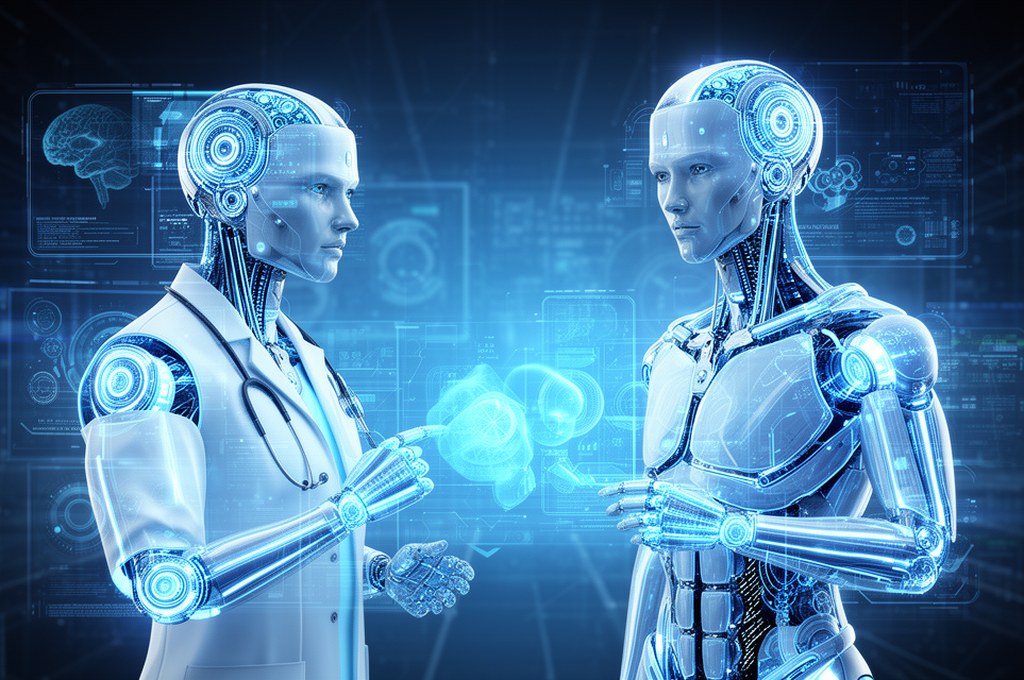 Futuristic medical AI collaboration concept, tech style