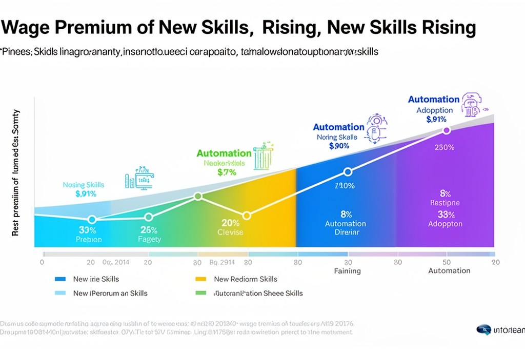 Clean infographic timeline showing wage premium of new skills rising and fading over time due to ado