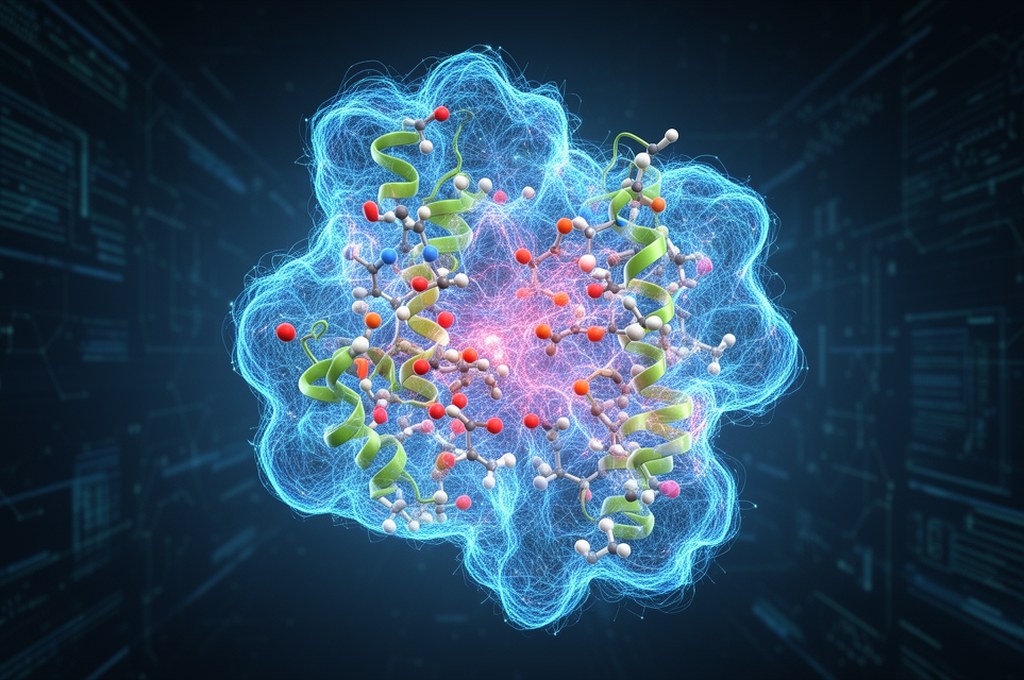3D protein-ligand binding visualization, AI neural network overlay, high-tech pharmaceutical researc