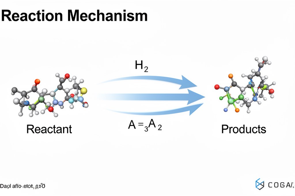 Reaction mechanism diagram transforming reactants to products with AI flow arrows, clean scientific 