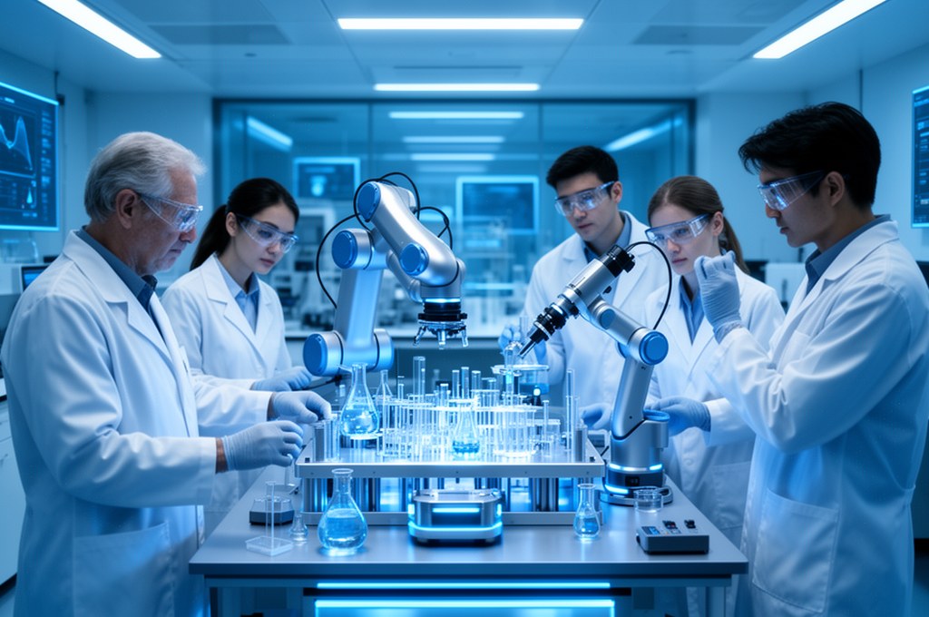 Collaborative team of chemists and AI engineers in a modern lab, robotic synthesis platform, futuris