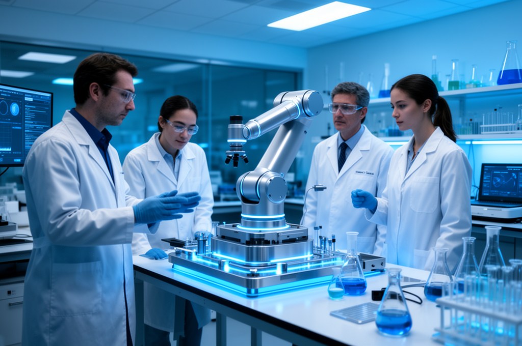 Collaborative team of chemists and AI engineers in a modern lab, robotic synthesis platform, futuris