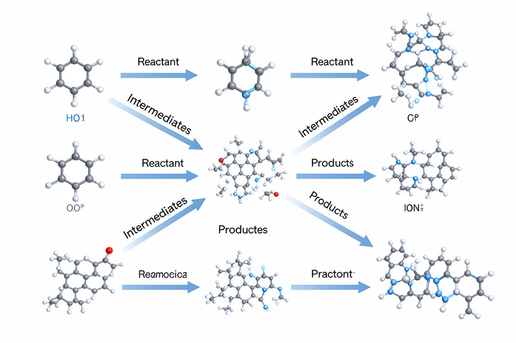 AI neural network integrated with molecular reaction pathways, arrows between reactants intermediate