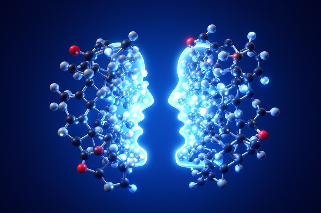 Scientific 3D visualization of protein-ligand docking, molecular key-and-lock concept, glowing atoms