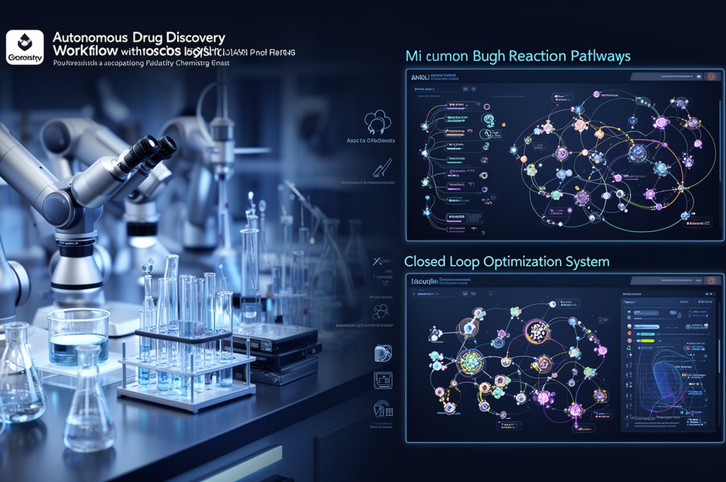 Autonomous drug discovery workflow with robotic chemistry lab, AI model dashboard, reaction pathways
