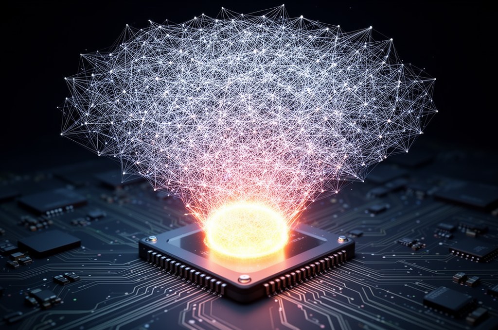 Abstract visualization of neural network optimization, showing large complex network shrinking into 