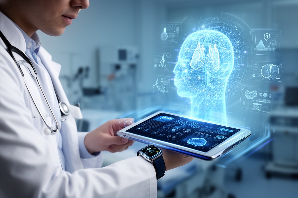 A doctor looking at a futuristic smartwatch or tablet displaying secure AI medical data, holographic