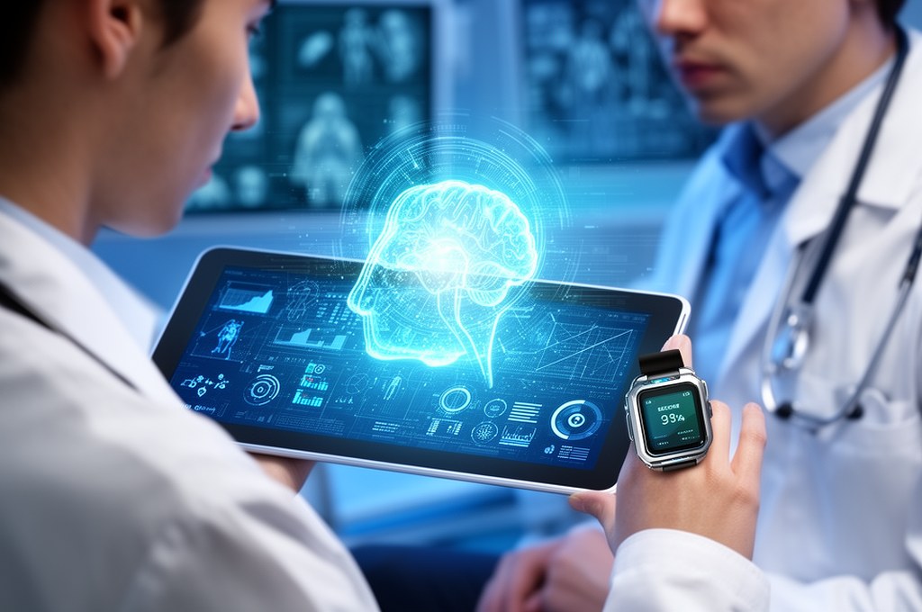 A doctor looking at a futuristic smartwatch or tablet displaying secure AI medical data, holographic