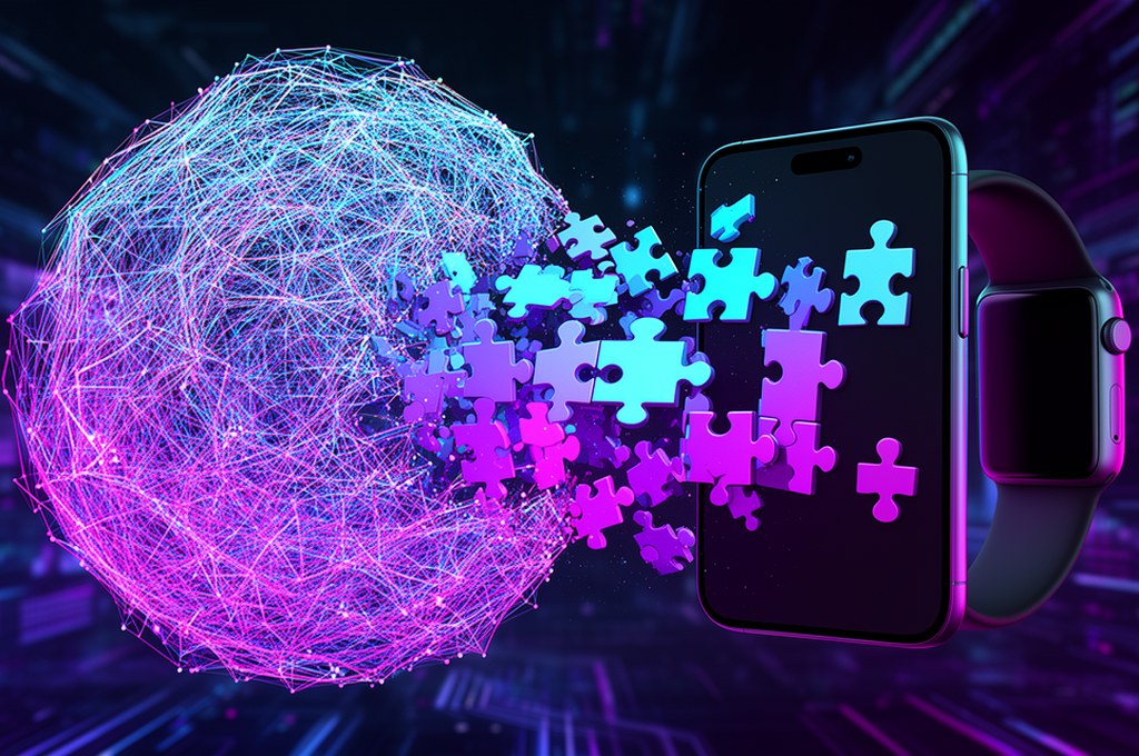 Abstract technological 3D render showing a large complex neural network structure breaking down into