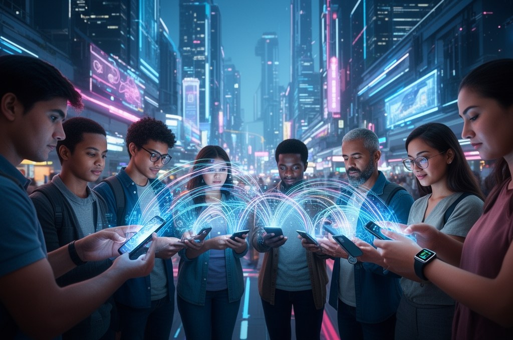 A diverse group of people in a bustling futuristic city using various devices (smartphones, watches)