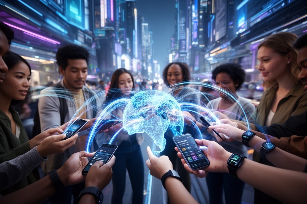 A diverse group of people in a bustling futuristic city using various devices (smartphones, watches)