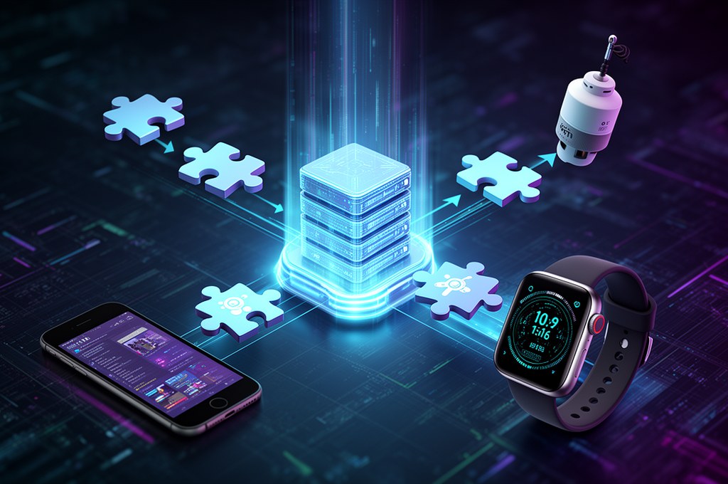 Conceptual 3D diagram showing heterogeneous devices (an old phone, a modern smartwatch, an IoT senso
