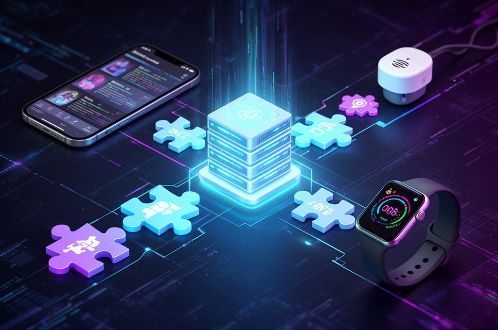 Conceptual 3D diagram showing heterogeneous devices (an old phone, a modern smartwatch, an IoT senso
