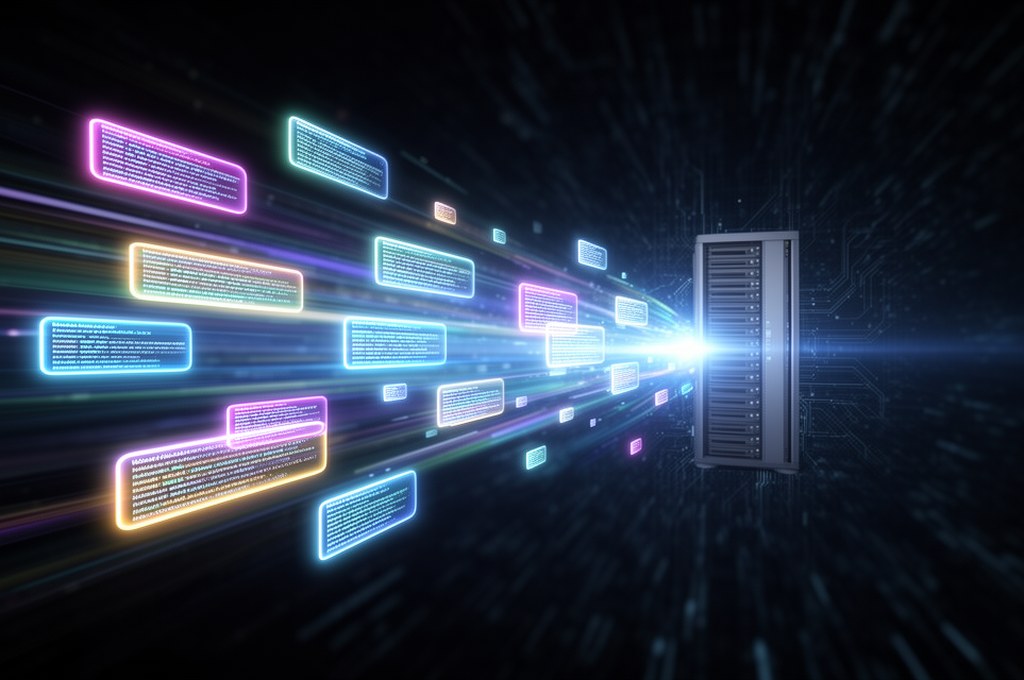 Abstract visualization of asynchronous data transfer in machine learning, showing glowing data packe