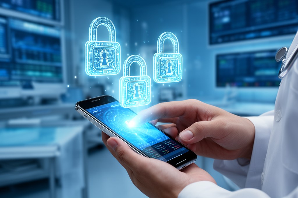 A modern, high-tech medical or financial setting where a person is using a smartphone, holographic p
