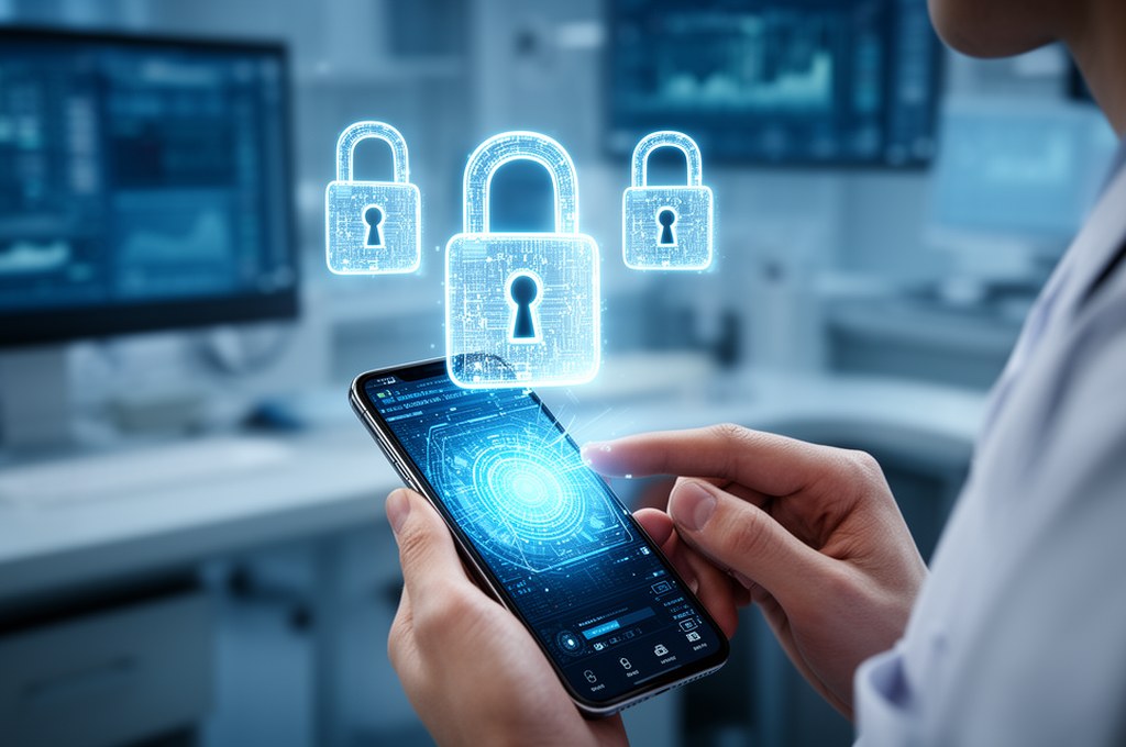 A modern, high-tech medical or financial setting where a person is using a smartphone, holographic p