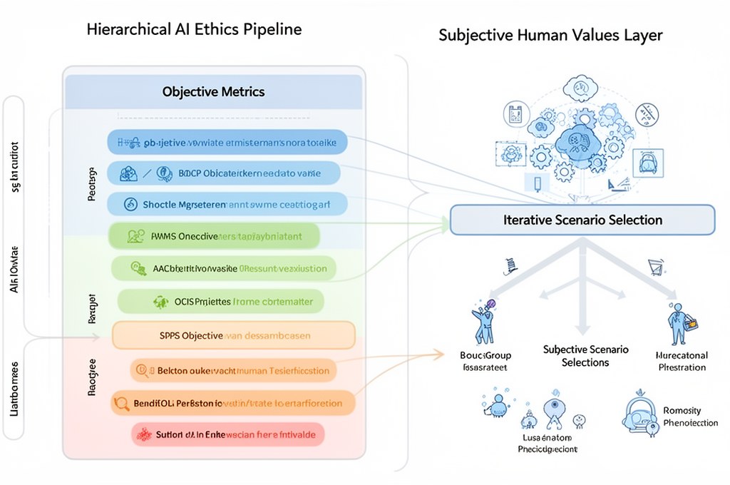 Abstract diagram of hierarchical AI ethics testing pipeline: objective metrics layer, subjective hum