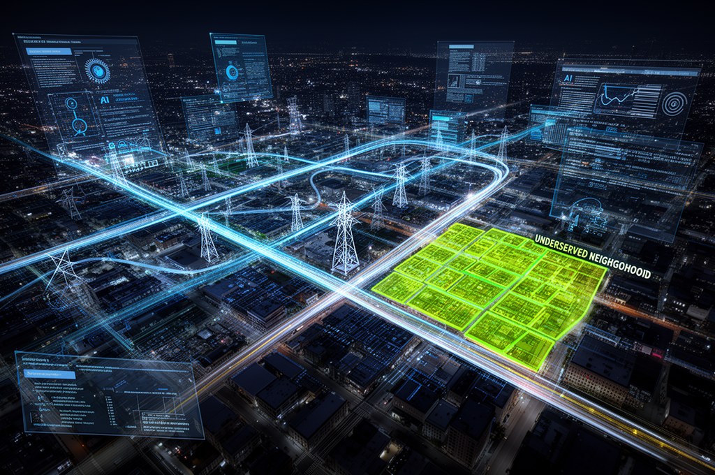 Smart city map at night showing AI traffic and power routing with highlighted underserved neighborho