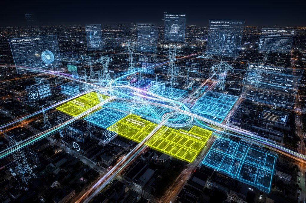 Smart city map at night showing AI traffic and power routing with highlighted underserved neighborho