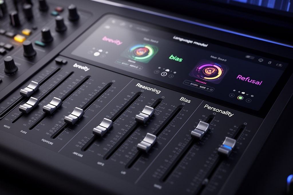 AI audio mixing console metaphor, sliders labeled brevity, reasoning, bias, refusal, personality con
