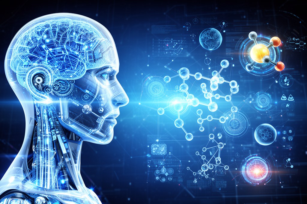 Futuristic concept of AI and physical sciences integration, futuristic concept.