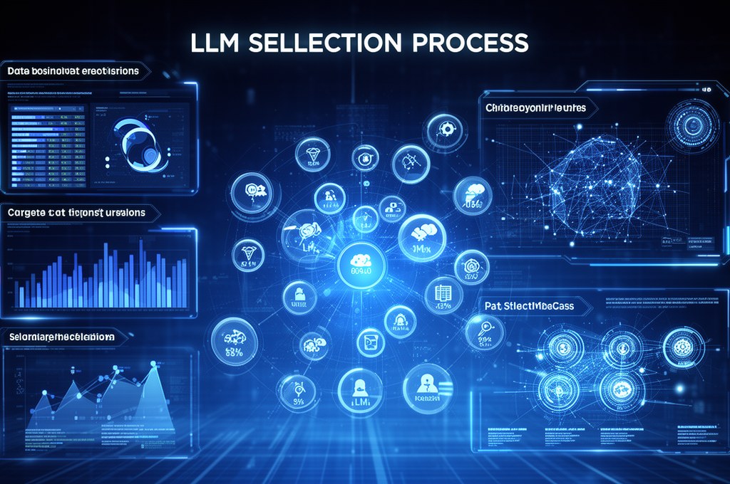 futuristic concept of LLM selection process influenced by data points