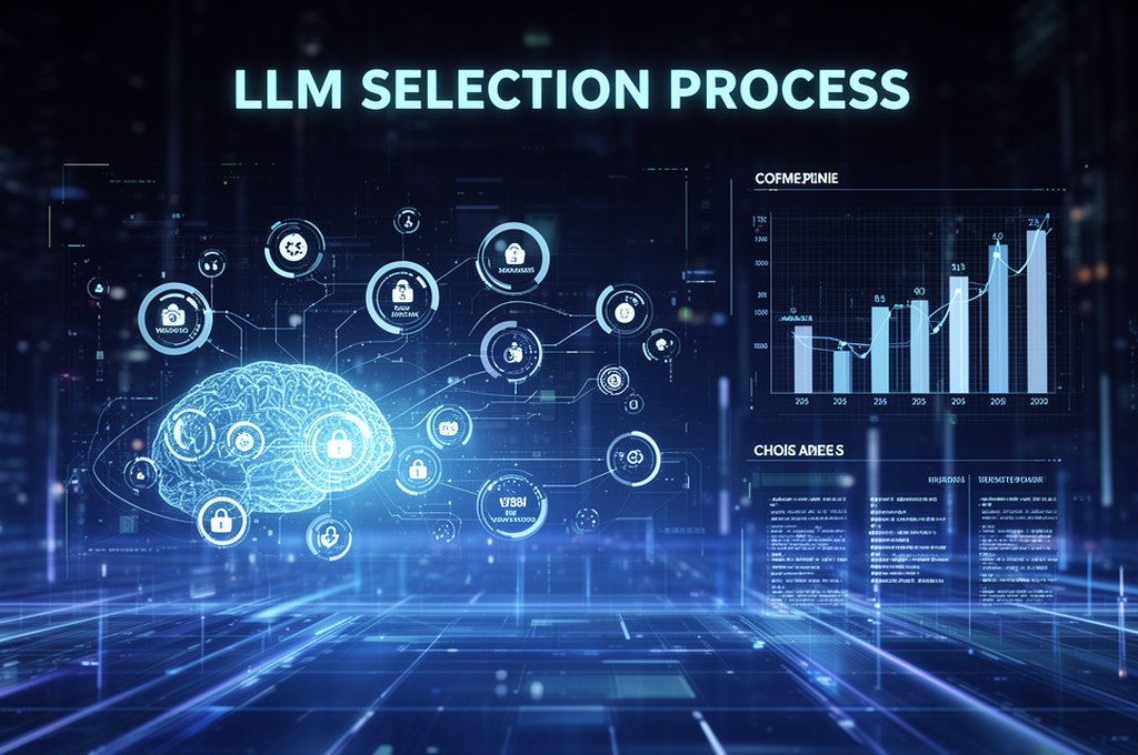 futuristic concept of LLM selection process influenced by data points