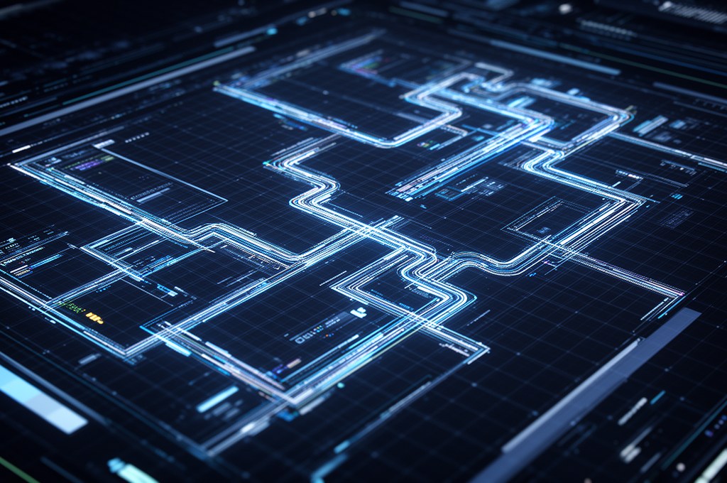 futuristic AI planning interface with digital grids and pathways