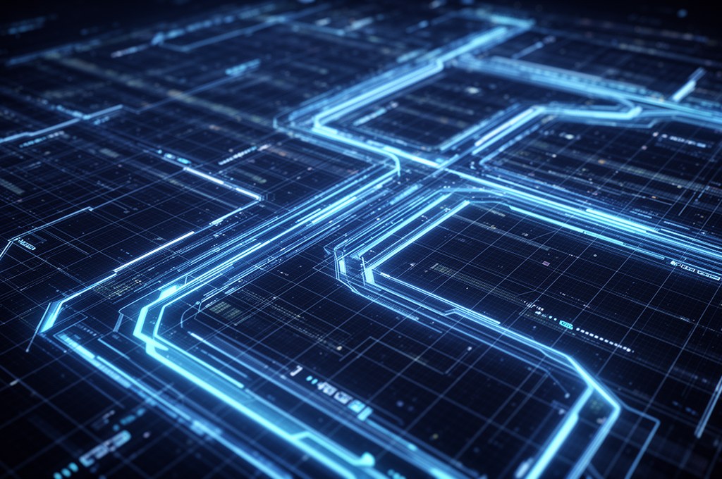 futuristic AI planning interface with digital grids and pathways
