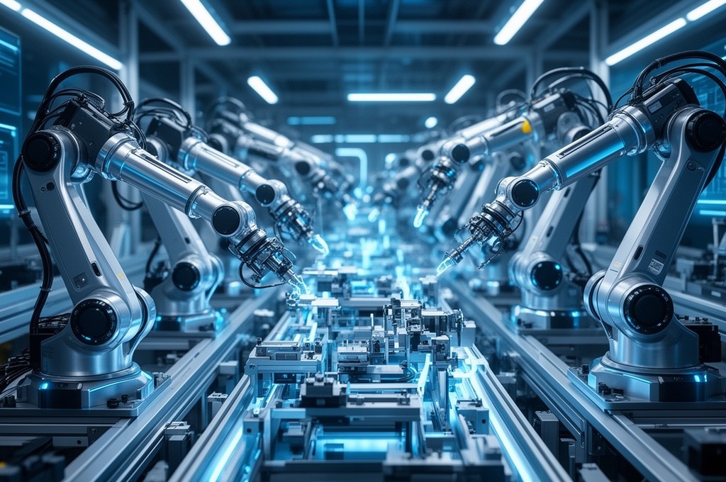 futuristic AI-driven assembly line with multiple robots working together