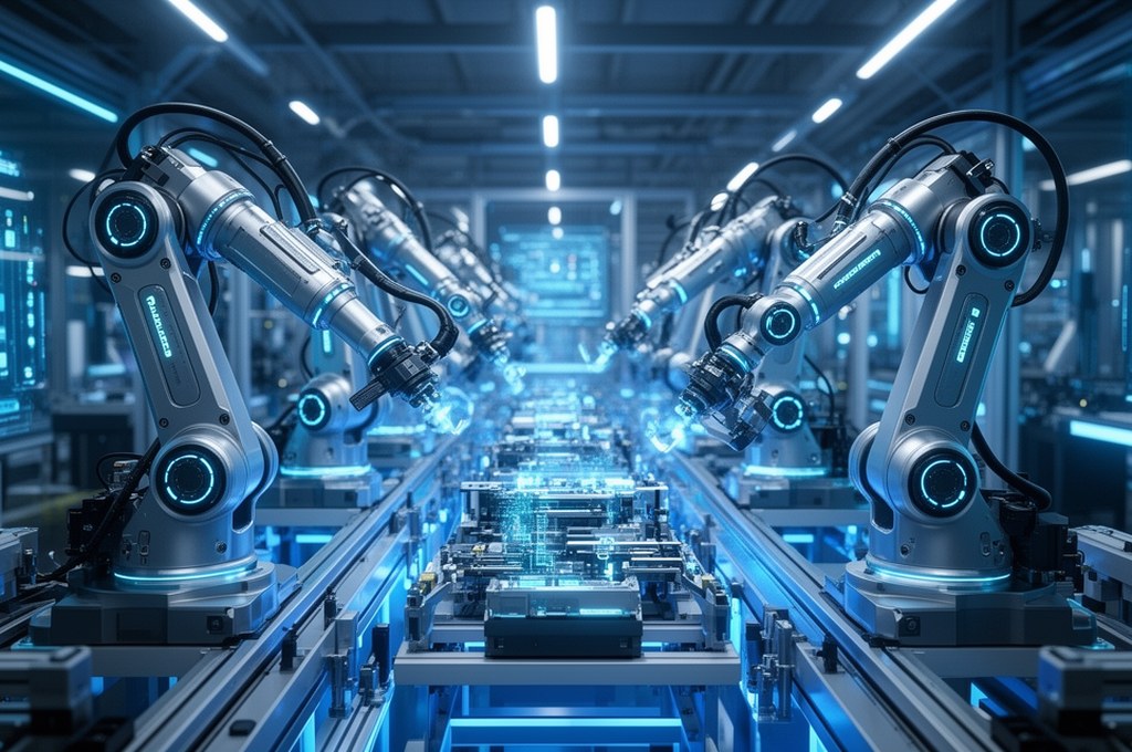 futuristic AI-driven assembly line with multiple robots working together
