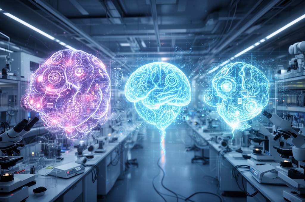 AI models working together in a futuristic lab setting