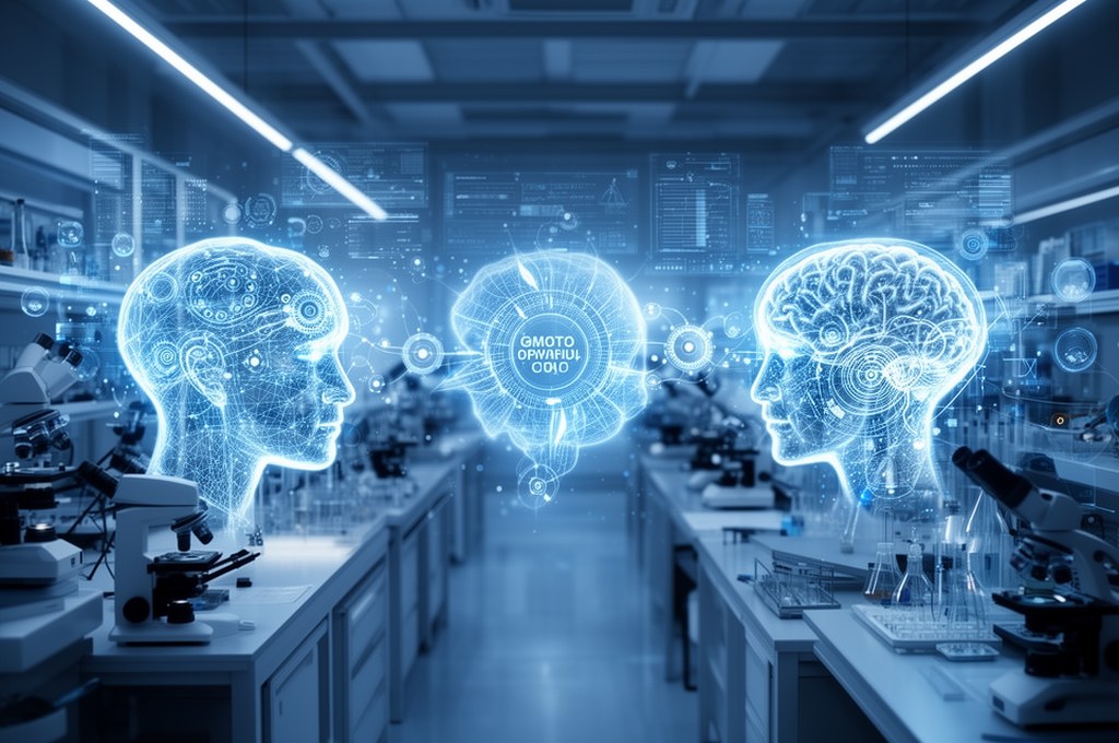 AI models working together in a futuristic lab setting
