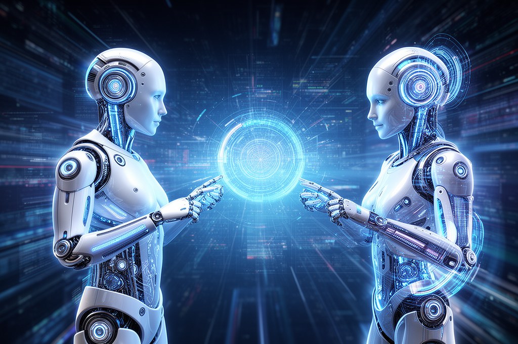 Futuristic AI models collaborating in a digital space. Futuristic concept.