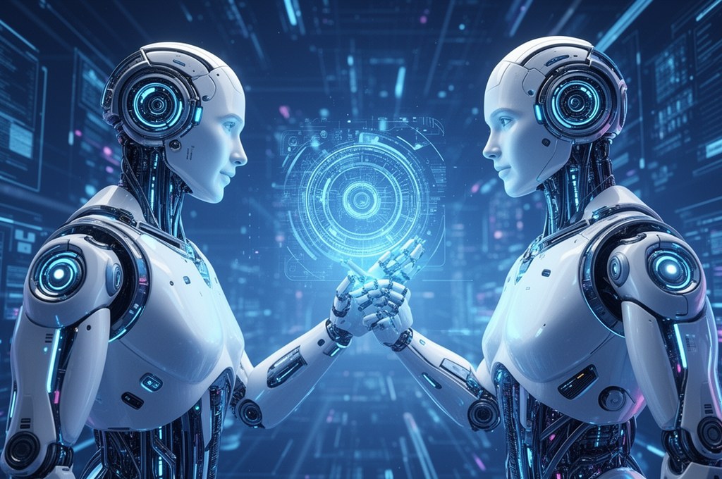Futuristic AI models collaborating in a digital space