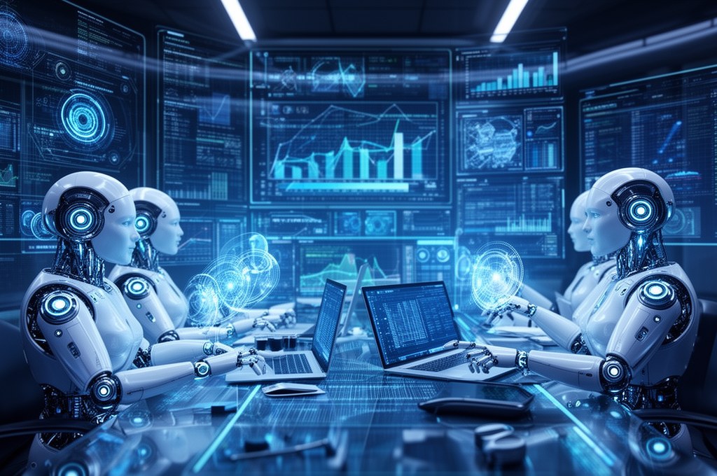 a futuristic AI ensemble analyzing data