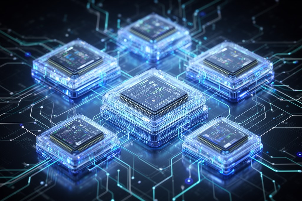 Futuristic AI model with interconnected processors working in harmony