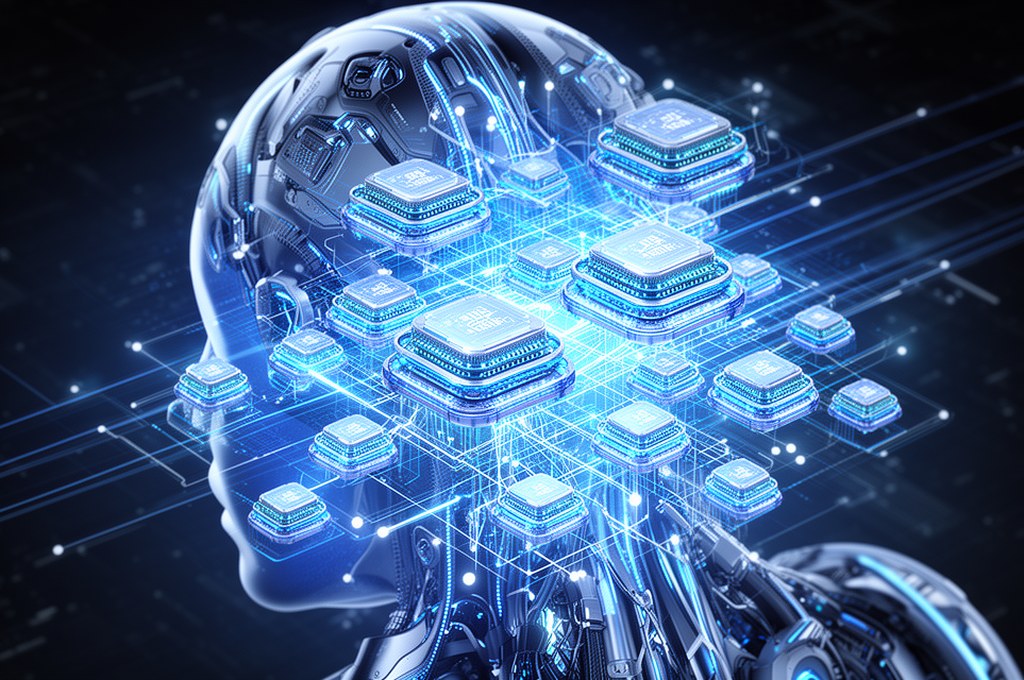 Futuristic AI model with interconnected processors working in harmony