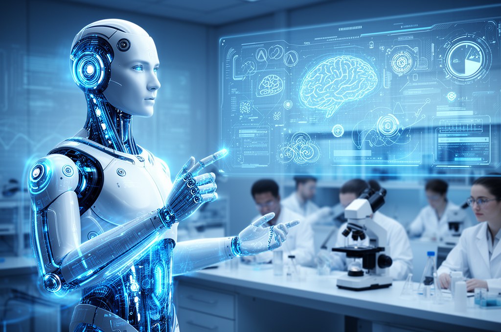 Futuristic AI model explaining concepts to scientists. Futuristic concept.