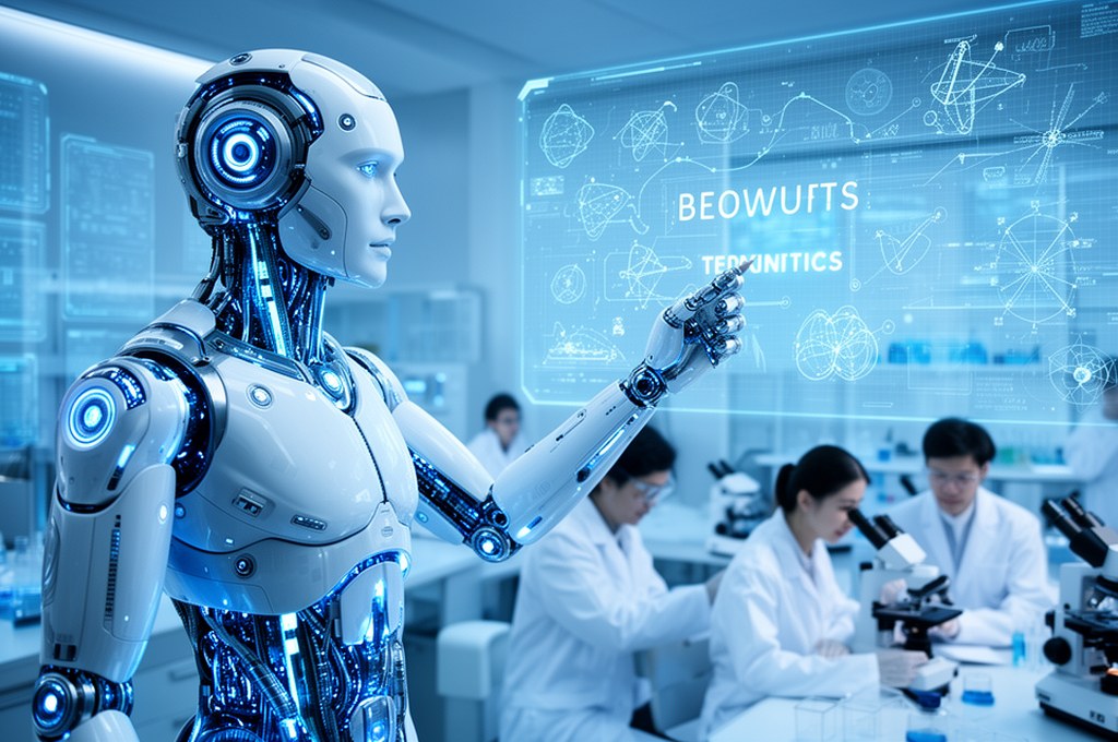 Futuristic AI model explaining concepts to scientists