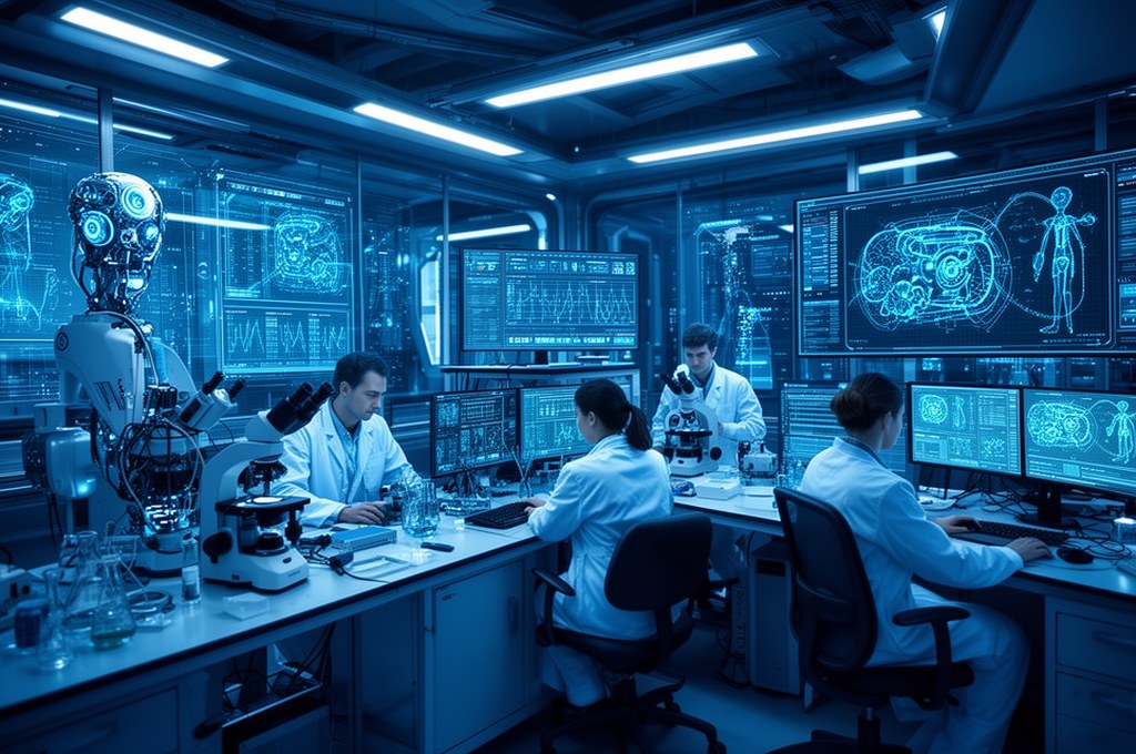 Futuristic AI lab with researchers analyzing models