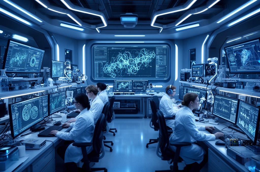 Futuristic AI lab with researchers analyzing models
