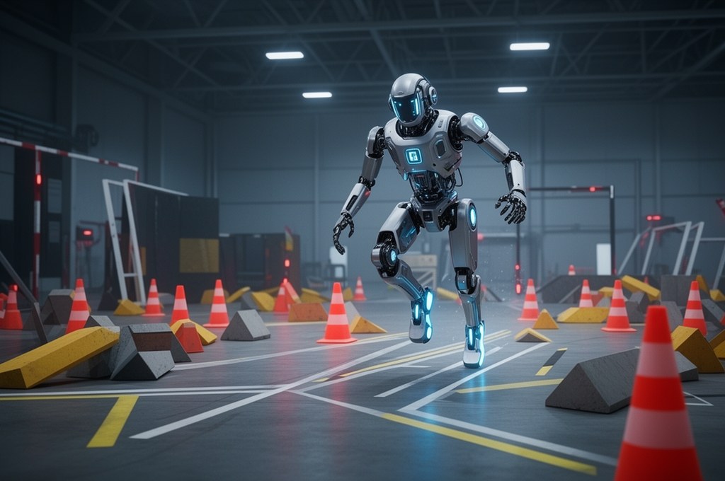 futuristic robot navigating an obstacle course