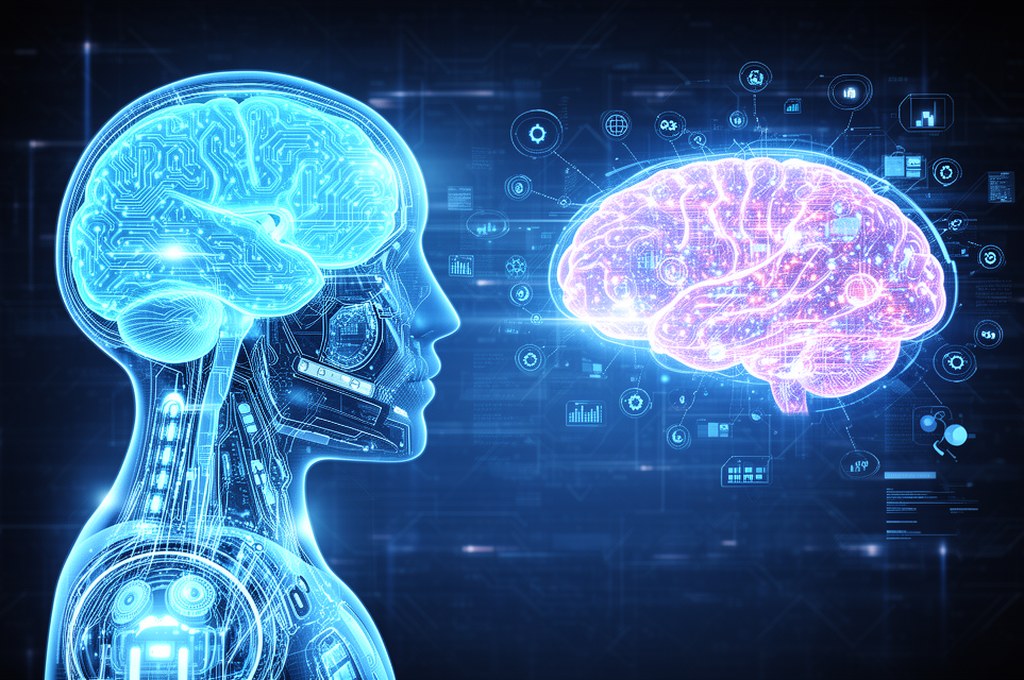Futuristic representation of AI model learning and extracting knowledge