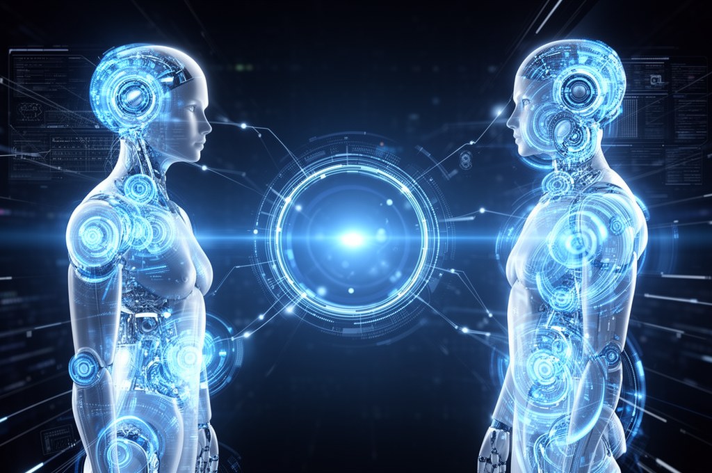 Futuristic concept of AI models collaborating
