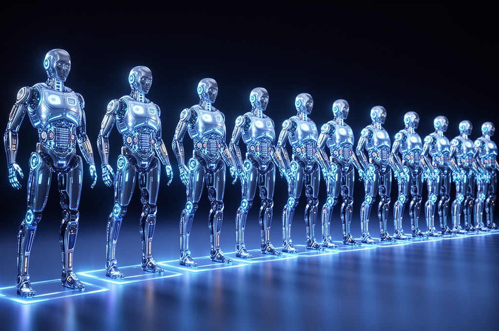 futuristic AI models in a row, representing ensemble approach