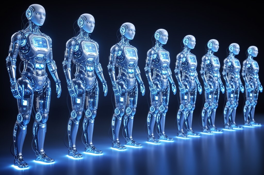 futuristic AI models in a row, representing ensemble approach