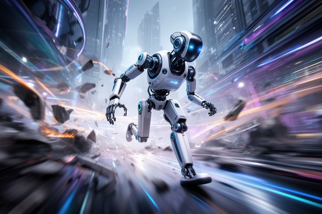 futuristic robot navigating through a dynamic environment