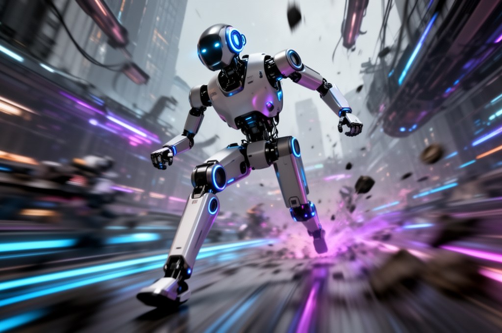 futuristic robot navigating through a dynamic environment