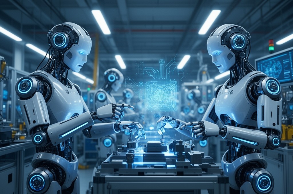 Futuristic robots collaborating in a factory setting, tech style